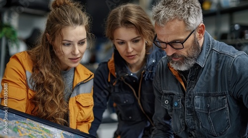 Three Professionals Collaborating on a Project in a Creative Work Environment