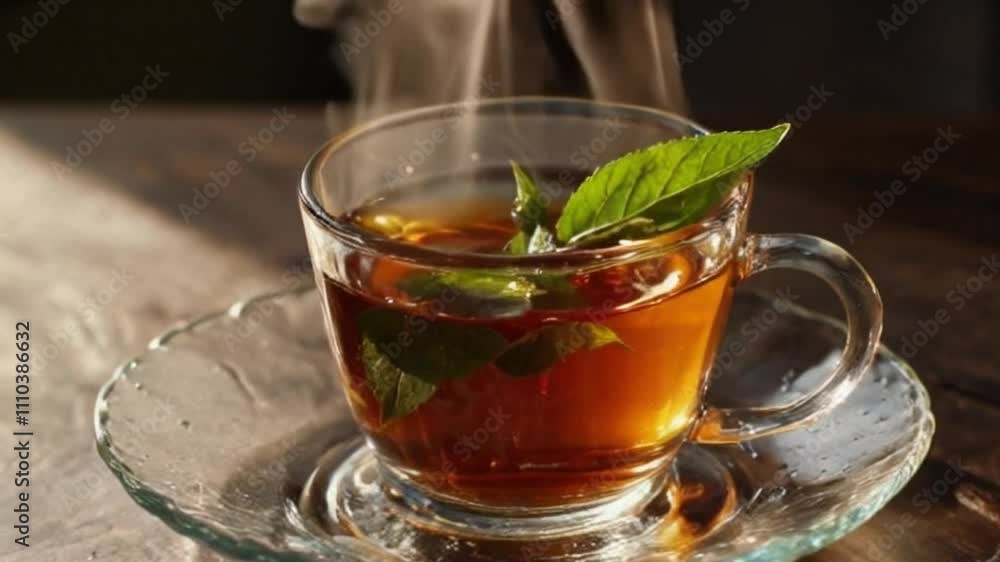 4K Cinematic Video of Steaming Tea in a Glass Teacup with Fresh Mint Leaf, Ideal for Relaxation and Premium Tea Branding 4K Cinematic Video of Steaming Tea in a Glass Teacup with Fresh Mint Leaf, Ideal for Relaxation and Premium Tea Branding