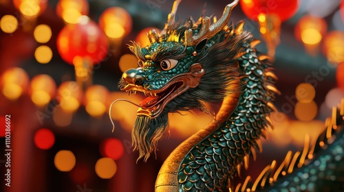 Chinese new year celebration featuring a green dragon in a vibrant festival environment captured from a close-up viewpoint photo