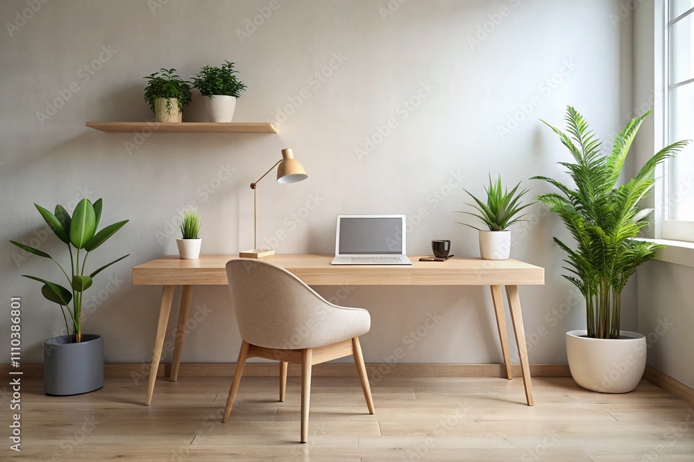 Fototapeta premium Serene Minimalist Workspace with Soft Natural Light and Copious Copy Space for Creative and Professional Use, Featuring Neutral Tones and Simple Design Elements