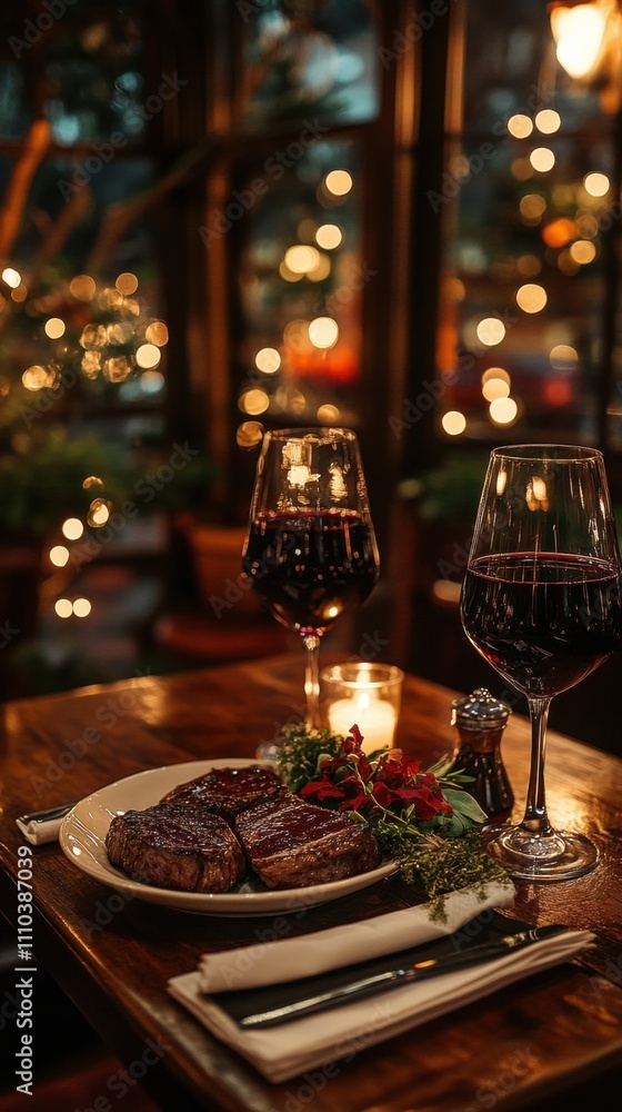 Romantic Steak Dinner for Two Cozy Restaurant Culinary Experience Intimate Atmosphere Nighttime Valentine's Celebration Romantic Steak Dinner for Two Cozy Restaurant Culinary Experience Intimate Atmosphere Nighttime Valentine's Celebration