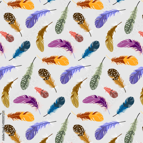 Multi-colored feathers in a pattern.Vector seamless pattern with multi-colored feathers randomly located on a gray background.