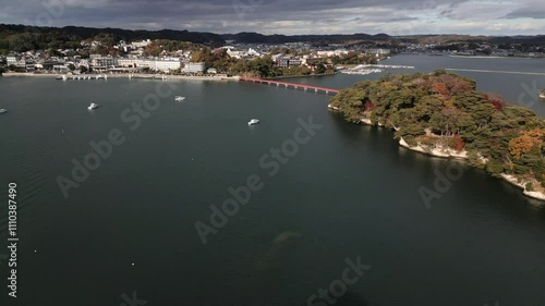 Bay of Matsushima and popular red bridge with islands