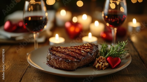 Romantic Valentine Dinner Medium Rare Steak Wine Glasses and Glowing Candles Setting Intimate Home Environment for Love