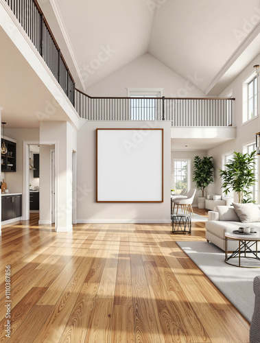 Airy Luxury Interior with Second-Story Loft and Frame Mockup in Modern Setting photo