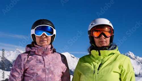 Portrait of two serious South American women wearing ski goggles in a snowy mountain landscape with clear blue skies