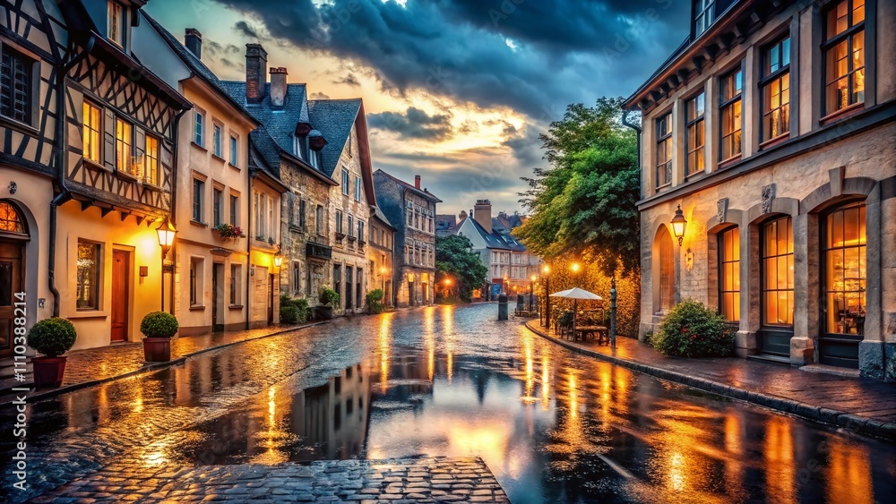Fototapeta premium Serene Rainy Evening in a European Village Featuring Cobblestone Streets and Historic Architecture, Evoking a Sense of Tranquility and Nostalgia