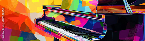 A vibrant pop art-style piano featuring bold, colorful splashes across its surface and keys. The abstract design adds a dynamic, modern touch perfect for artistic, music-themed concept. Generative AI.