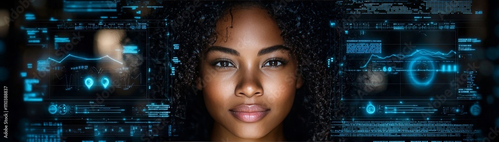 Futuristic Portrait of Woman with Curly Hair Against High-Tech Interface Featuring Data Visualization Elements Futuristic Portrait of Woman with Curly Hair Against High-Tech Interface Featuring Data Visualization Elements