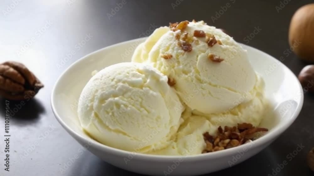 Dessert recipe promotion featuring velvety vanilla ice cream on a modern countertop Dessert recipe promotion featuring velvety vanilla ice cream on a modern countertop