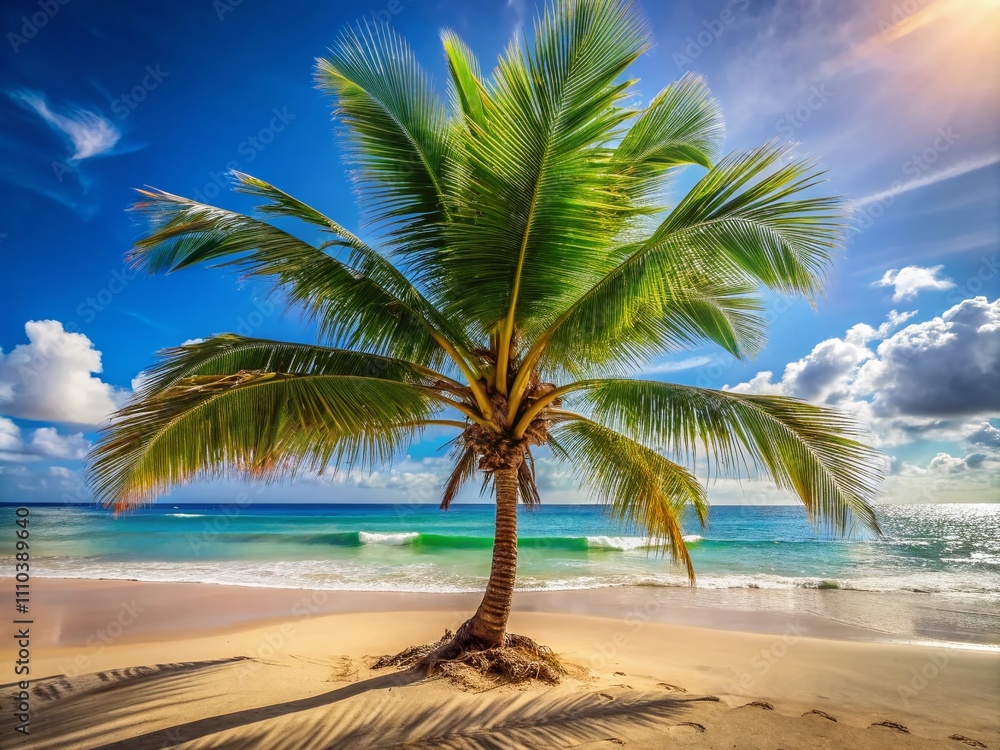 Obraz premium Serene Tropical Beach Scene with Palm Tree Under Clear Blue Sky and Ocean Background Perfect for Relaxation and Vacation Imagery
