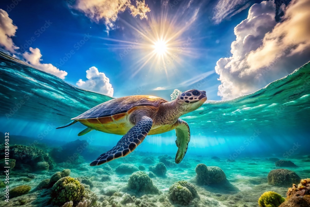 Obraz premium Serene Underwater Scene of a Sea Turtle Swimming Gracefully Through Crystal Clear Blue Waters with Sunlight Filtering Down from the Ocean Surface