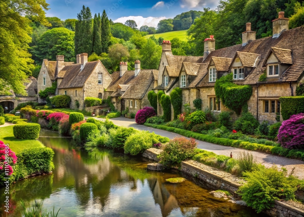 Obraz premium Serene View of Bibury in the Cotswolds, England with Quaint Stone Cottages and Lush Greenery, Perfectly Framed by Natural Landscape for Travel and Nature Themes