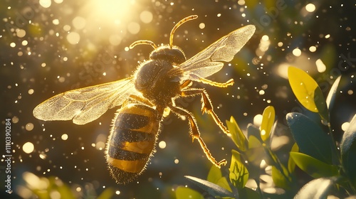 Golden Bee In Sunlight Hovering Near Green Leaves
