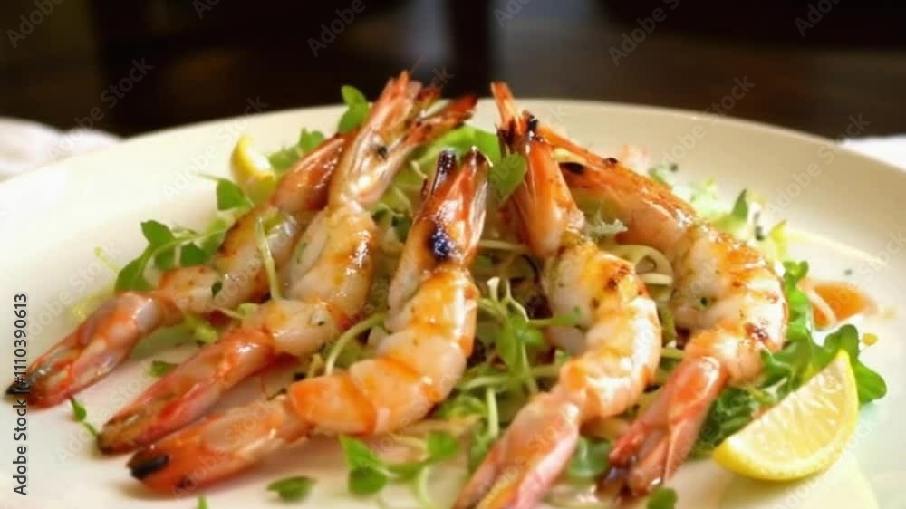 4K cinematic video of grilled shrimp salad in an elegant fine dining setting 4K cinematic video of grilled shrimp salad in an elegant fine dining setting