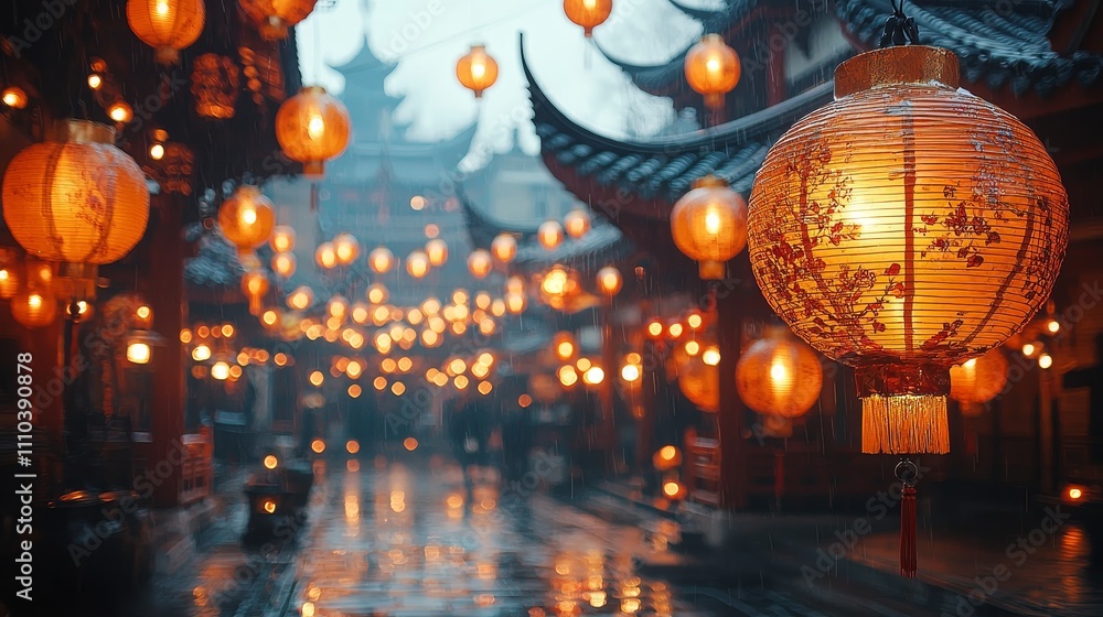Serene evening with illuminated lanterns in a traditional street setting Serene evening with illuminated lanterns in a traditional street setting