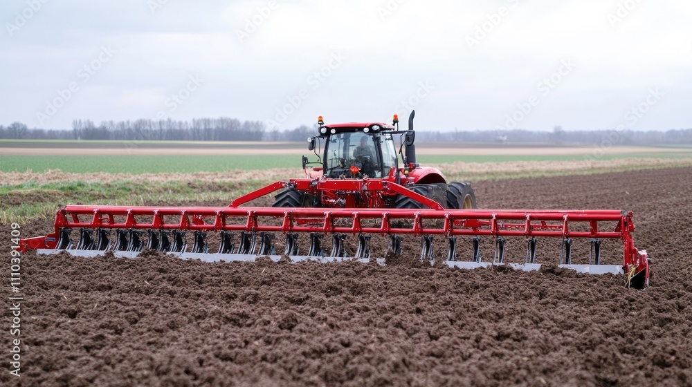 Fototapeta premium Heavy-duty harrow leveling soil in a large field, spring planting season, 