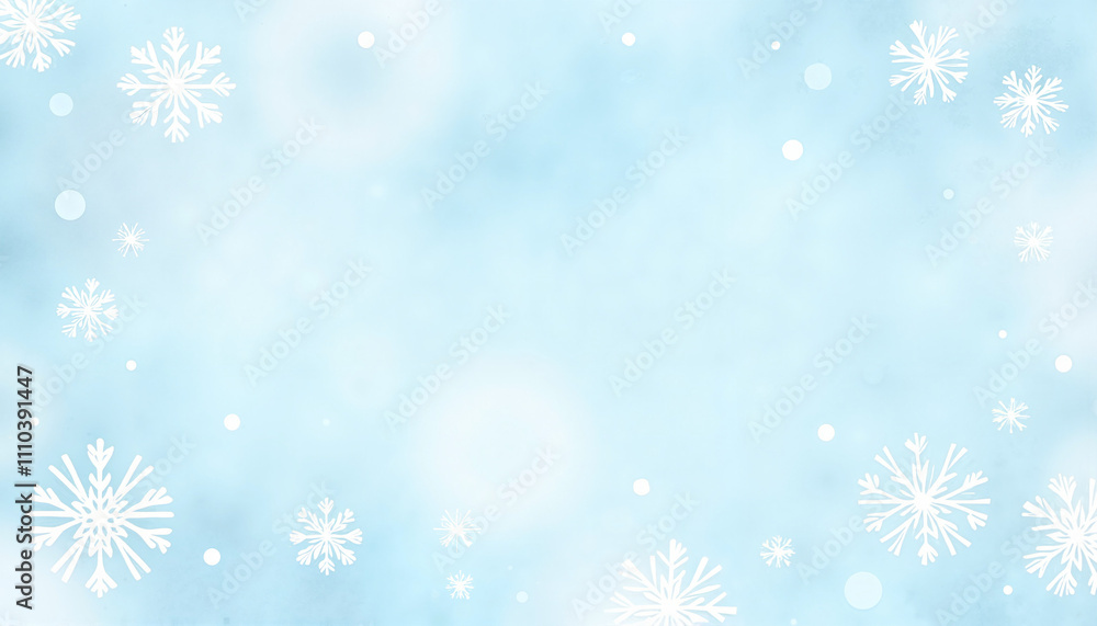 Watercolor painting of delicate snowflakes scattered across a light blue background with copy space, providing an elegant and serene backdrop for winter celebrations Watercolor painting of delicate snowflakes scattered across a light blue background with copy space, providing an elegant and serene backdrop for winter celebrations