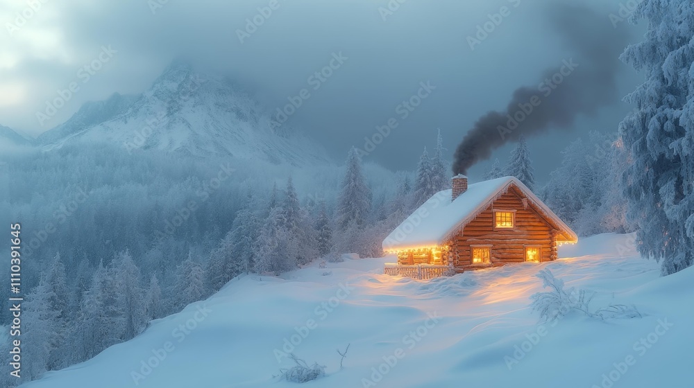 Snow-Covered Cabin with Smoking Chimney New Year Theme. Generative AI Snow-Covered Cabin with Smoking Chimney New Year Theme. Generative AI