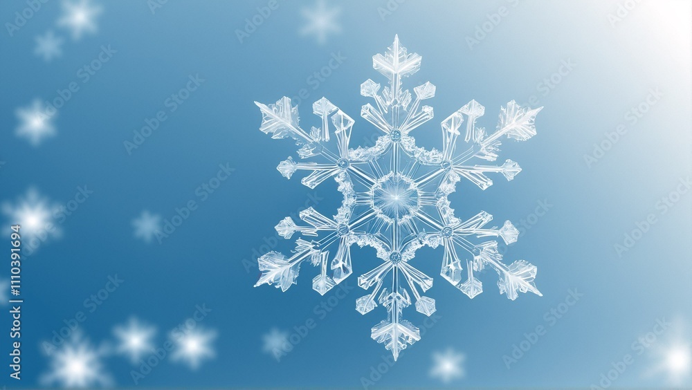 A detailed, intricate snowflake design floats against a blue background, surrounded by scattered white stars. A detailed, intricate snowflake design floats against a blue background, surrounded by scattered white stars.