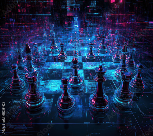 A mesmerizing, neon-lit chessboard with glossy pieces set in a futuristic digital landscape, blending strategy and technology in an immersive visual experience.