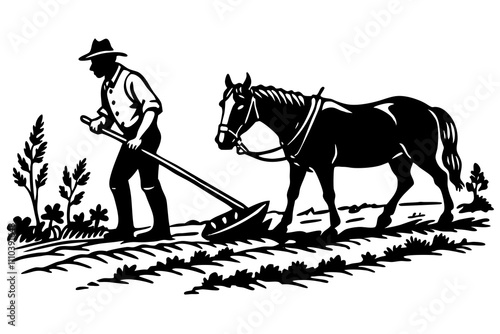 Farmer plowing a field with a traditional plow silhouette