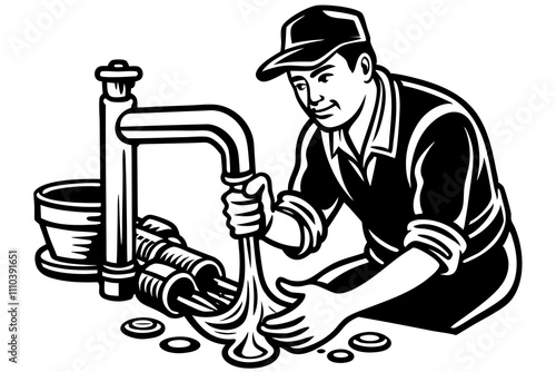 plumber with wrench and pipe fixing silhouette