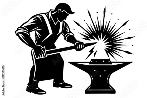 A blacksmith striking molten metal on an anvil silhouette