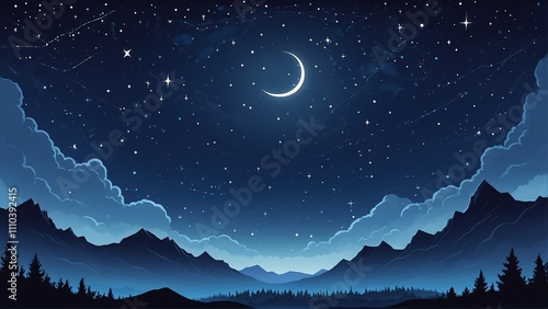 A serene night sky with a crescent moon, stars, and a crescent moon is depicted, with a mountain range and trees in the foreground.
