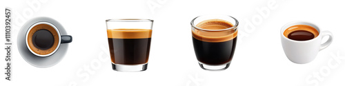 A close up view of a freshly brewed and steaming hot espresso shot served in a small demitasse cup  set on a table surface  showcasing the rich photo