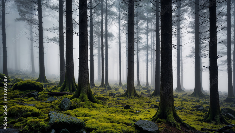 Obraz premium Fog covering mossy ground in mysterious forest