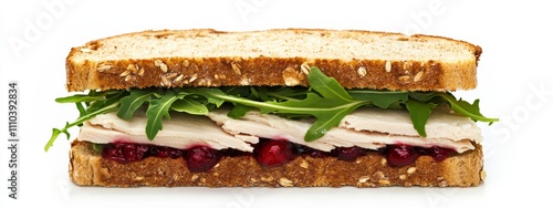 A hearty turkey and cranberry sandwich with arugula and a smear of cream cheese on a toasted whole wheat bread, isolated white background, hyperrealism art style