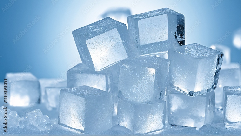 A close-up view of several ice cubes, varying in size and shape, arranged in a pile against a blue background. A close-up view of several ice cubes, varying in size and shape, arranged in a pile against a blue background.