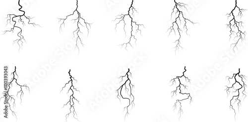 Vector lightning silhouettes set. Thunderstorm design. Vector illustration