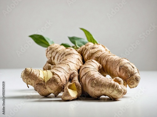 A fresh piece of ginger root placed centrally on a pure white background. photo