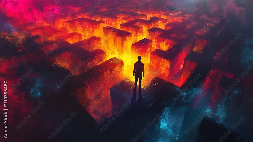 Person standing at fiery maze entrance. Person standing at fiery maze entrance.