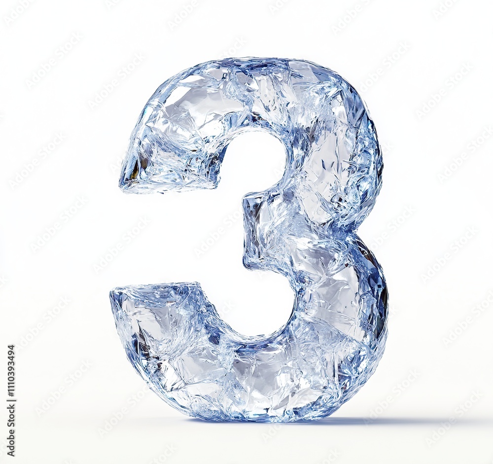Number 3 frozen in ice isolated on white background. 3d Ice lettering. Number 3 frozen in ice isolated on white background. 3d Ice lettering.
