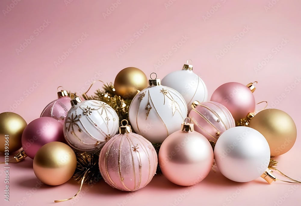 Festive Christmas ornaments in blush pink, gold, and white, set against a soft pink background. Festive Christmas ornaments in blush pink, gold, and white, set against a soft pink background.