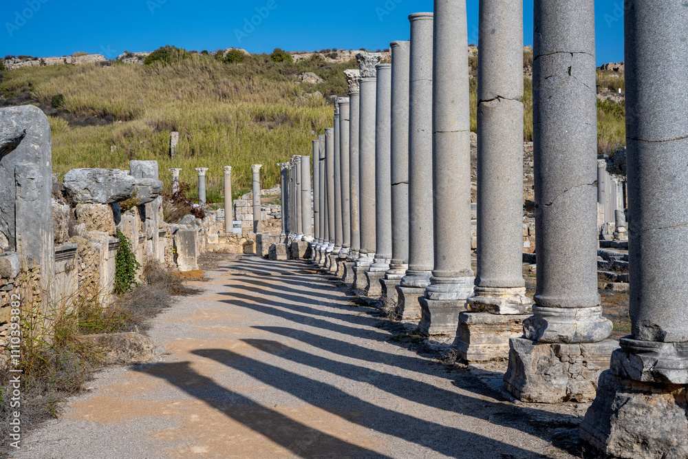 Rows of columns in Perge, Antalya, Turkey. Remains of colonnaded street in Pamphylian ancient city.Rows of columns in Perge, Antalya, Turkey. Ancient Kestros Fountain. Aksu, Antalya Rows of columns in Perge, Antalya, Turkey. Remains of colonnaded street in Pamphylian ancient city.Rows of columns in Perge, Antalya, Turkey. Ancient Kestros Fountain. Aksu, Antalya