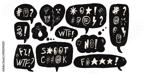 Speech bubbles with swear words. Curse crayon doodle text. Strong language expression on chat dialog boxes. Aggressive rude swearwords isolated on white background. Rage signs. Vector illustration
