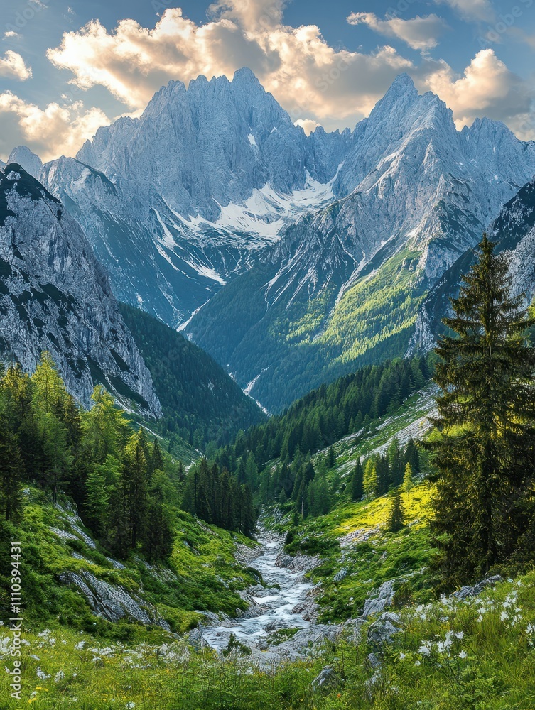 Fototapeta premium Beautiful mountain panorama in Julian Alps in Slovenia. This is a typical postcard from Slemenova spica with the mighty Jalovec in the backround.