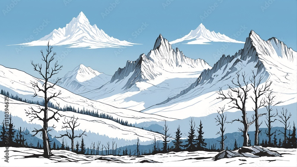 Fototapeta premium A serene winter landscape features snow-covered mountains, bare trees, and a clear blue sky, with a large cloud formation in the distance.