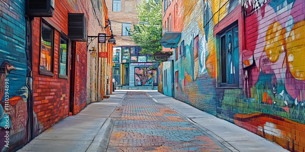Fototapeta premium Urban Oasis: A narrow, cobblestone alleyway bursts with vibrant color as graffiti-covered walls line the path, creating a captivating scene of urban art and hidden beauty. 