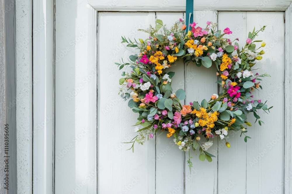 Close-up of an Easter wreath hanging on a white wooden door Close-up of an Easter wreath hanging on a white wooden door