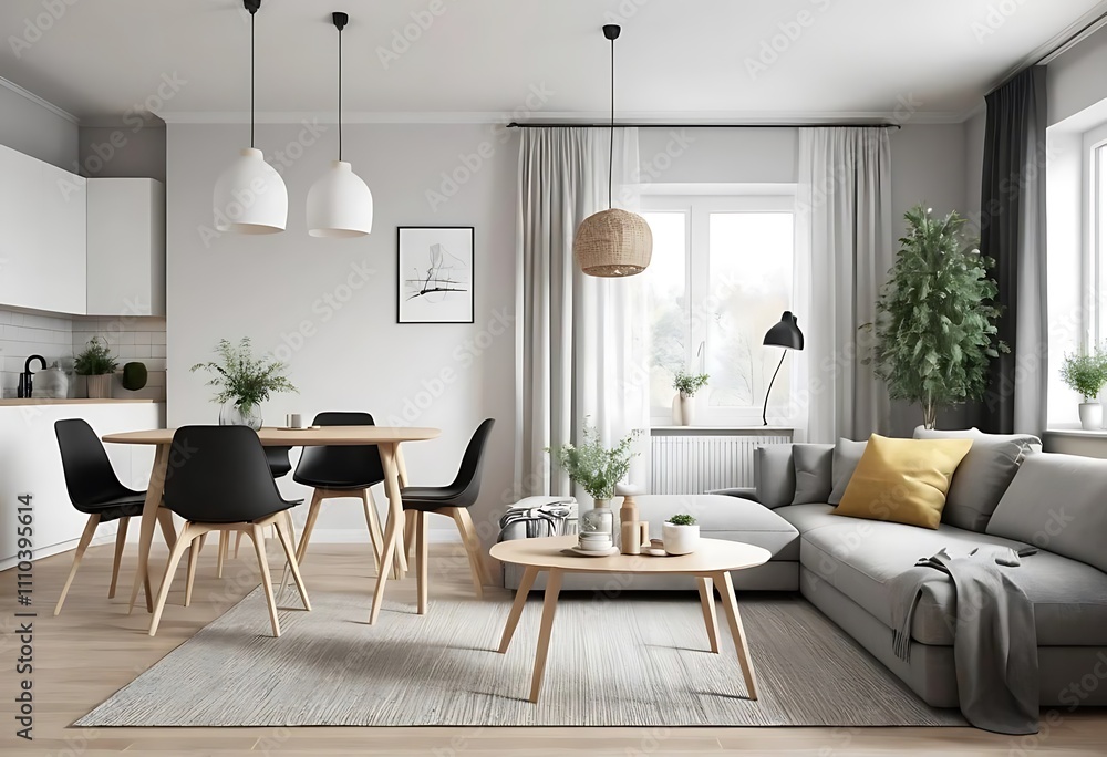 Fototapeta premium White kitchen interior with lounge zone, sofa with coffee table, dining area with chairs on dark concrete floor. Open space studio, panoramic window on countryside. 3D rendering