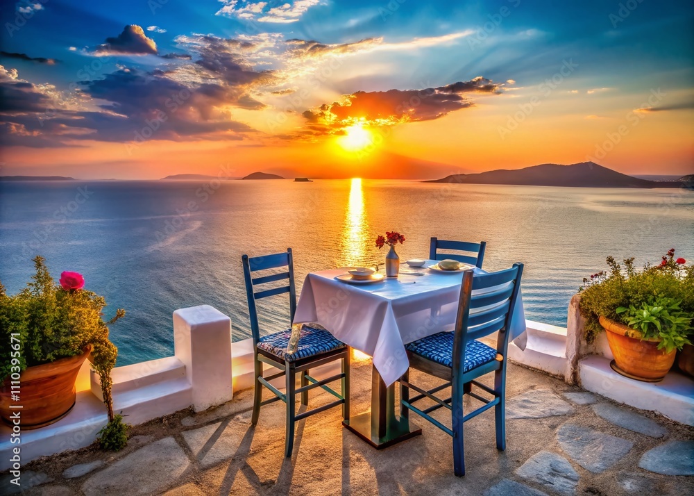Fototapeta premium Solitary Table at a Quaint Greek Restaurant with Panoramic Views of the Mediterranean Sea at Sunset, Capturing the Essence of Leisure and Culinary Delights in a Serene Setting