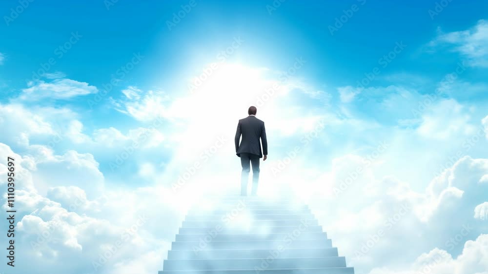 Man in Suit Ascending Stairs into Bright Sky with Clouds, Symbolizing Success Man in Suit Ascending Stairs into Bright Sky with Clouds, Symbolizing Success