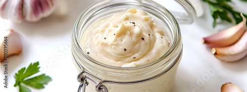A jar of homemade aioli sauce with garlic cloves, isolated white background, surrealism art style
