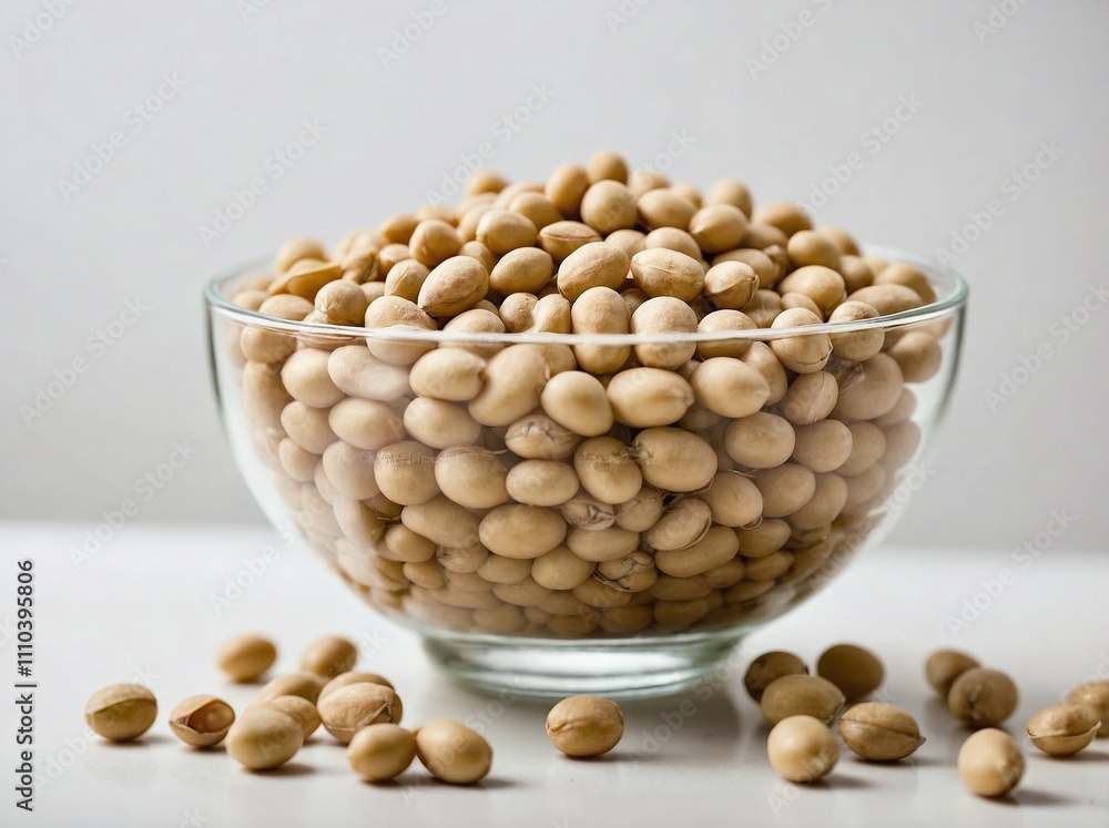A clear glass bowl filled with whole soybeans, placed centrally on a pure white background. A clear glass bowl filled with whole soybeans, placed centrally on a pure white background.