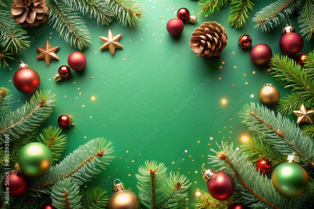 Festive Christmas border of ornaments, pine, and stars on green background. Festive Christmas border of ornaments, pine, and stars on green background.